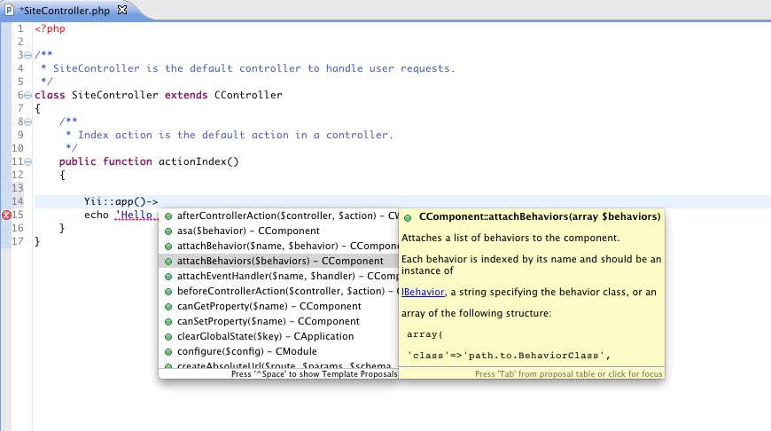 eclipse yii code assist